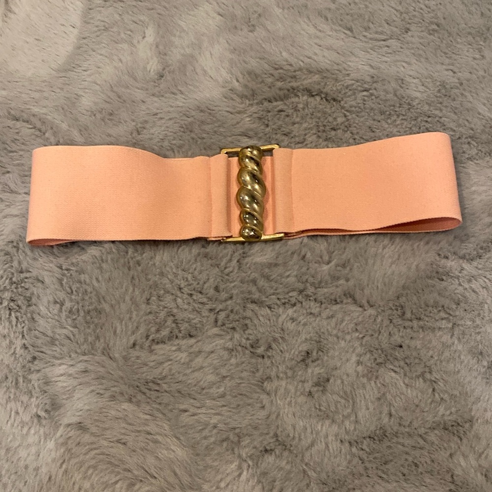 Vintage 80’s Pink Waist Belt Elastic Stretch Waistband Gold Buckle Band